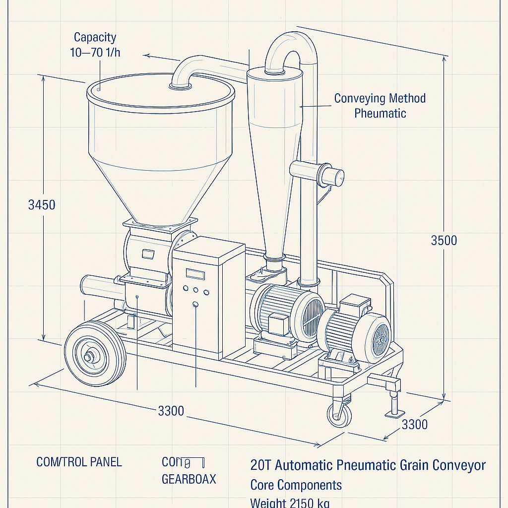 20T Automatic Pneumatic Grain Conveyor — labelled 3D blueprint