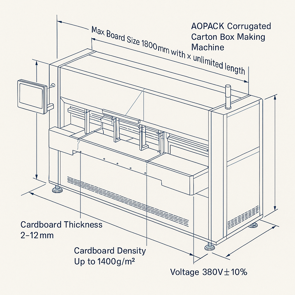 Aopack Corrugated Carton Box Making Machine — labelled 3D blueprint