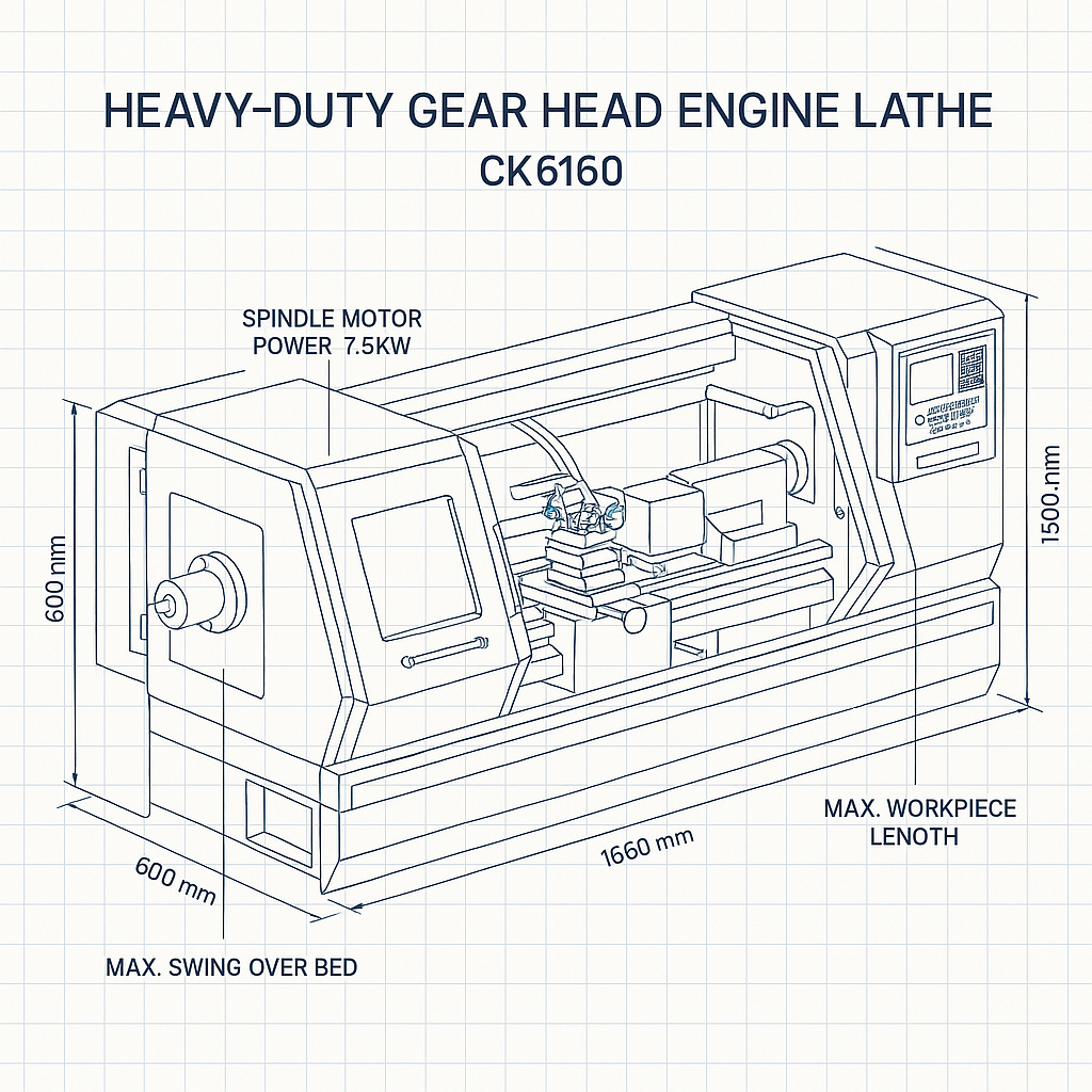 Heavy-Duty Gear Head Engine Lathe CK6160 — labelled 3D blueprint