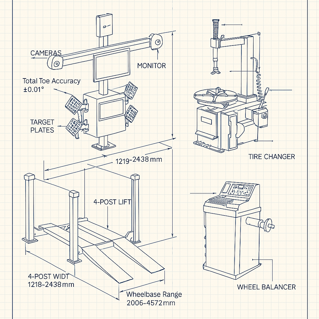 3D Wheel Alignment Machine and 4 Post Lift Combo Full Set — labelled 3D blueprint