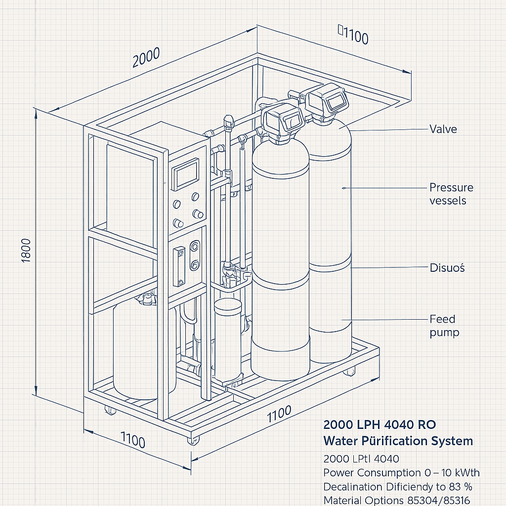 2000 LPH 4040 RO Water Purification System — labelled 3D blueprint