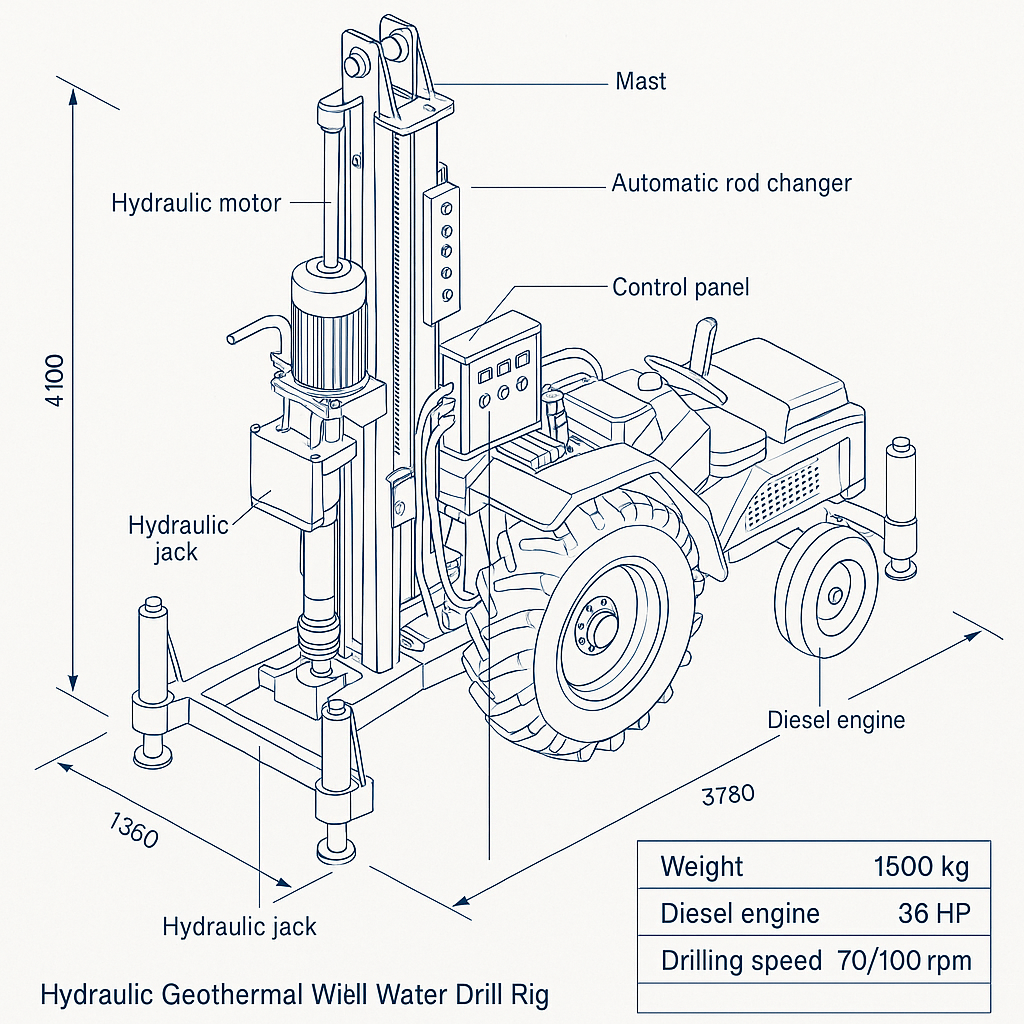 Hydraulic Geothermal Well Water Drill Rig — labelled 3D blueprint