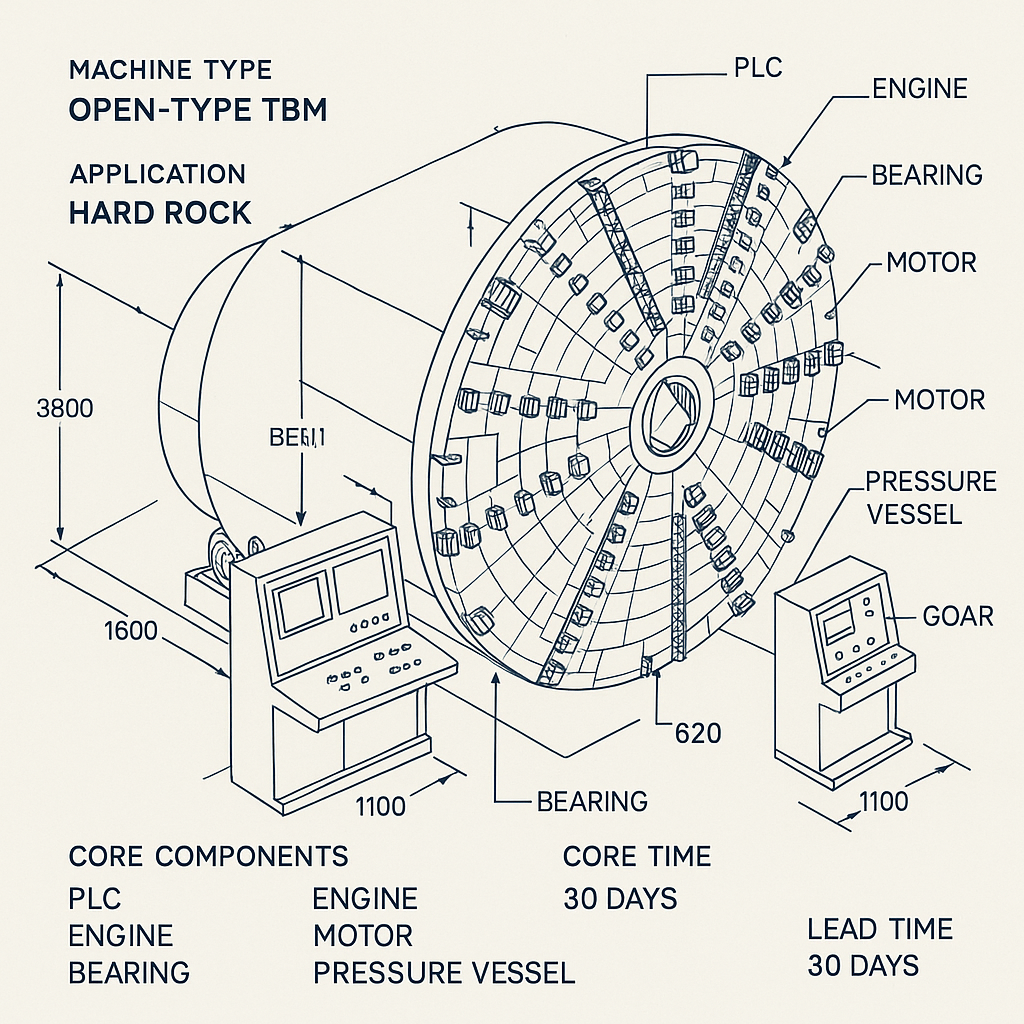 Open-Type TBM for Hard Rock — labelled 3D blueprint