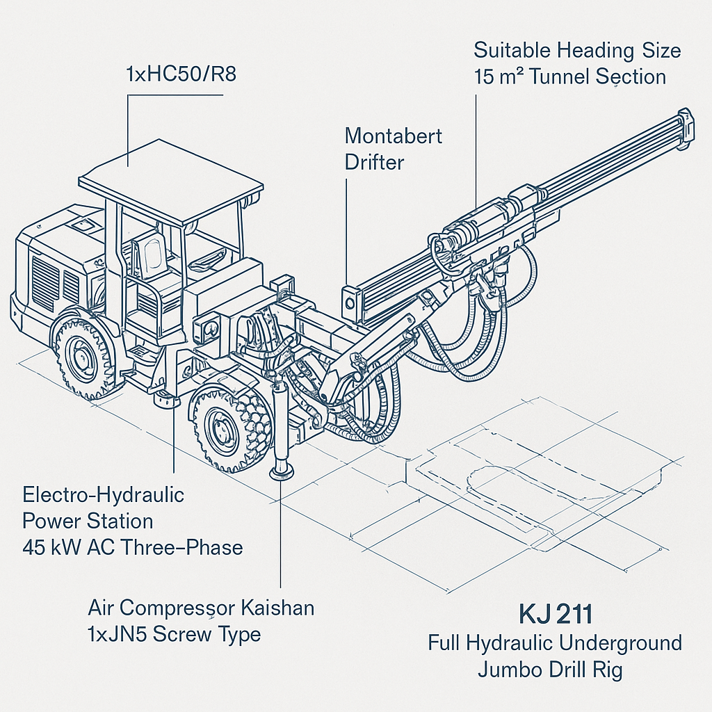 KJ211 Full Hydraulic Underground Jumbo Drill Rig — labelled 3D blueprint