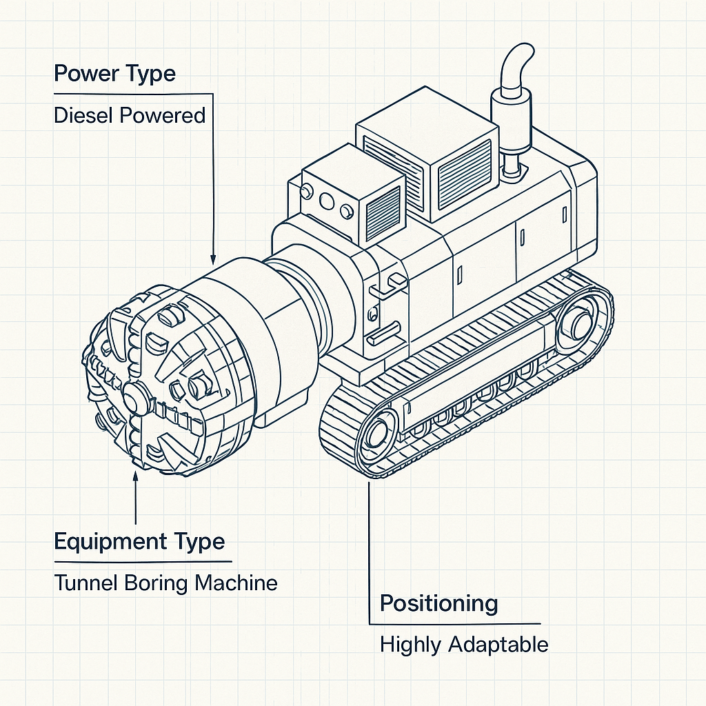Highly Adaptable Diesel-Powered Tunnel Boring Machine — labelled 3D blueprint