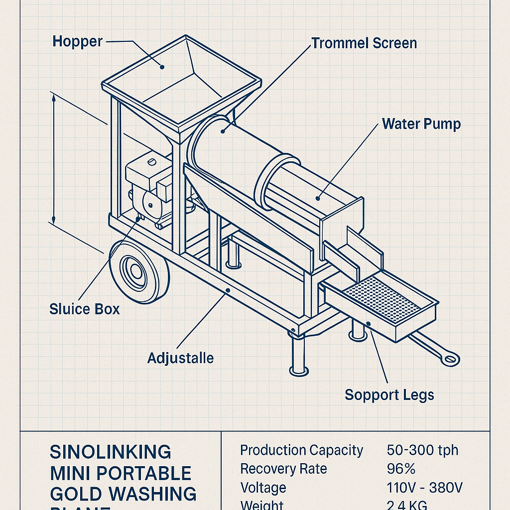 SINOLINKING Mini Portable Gold Washing Plant — labelled 3D blueprint