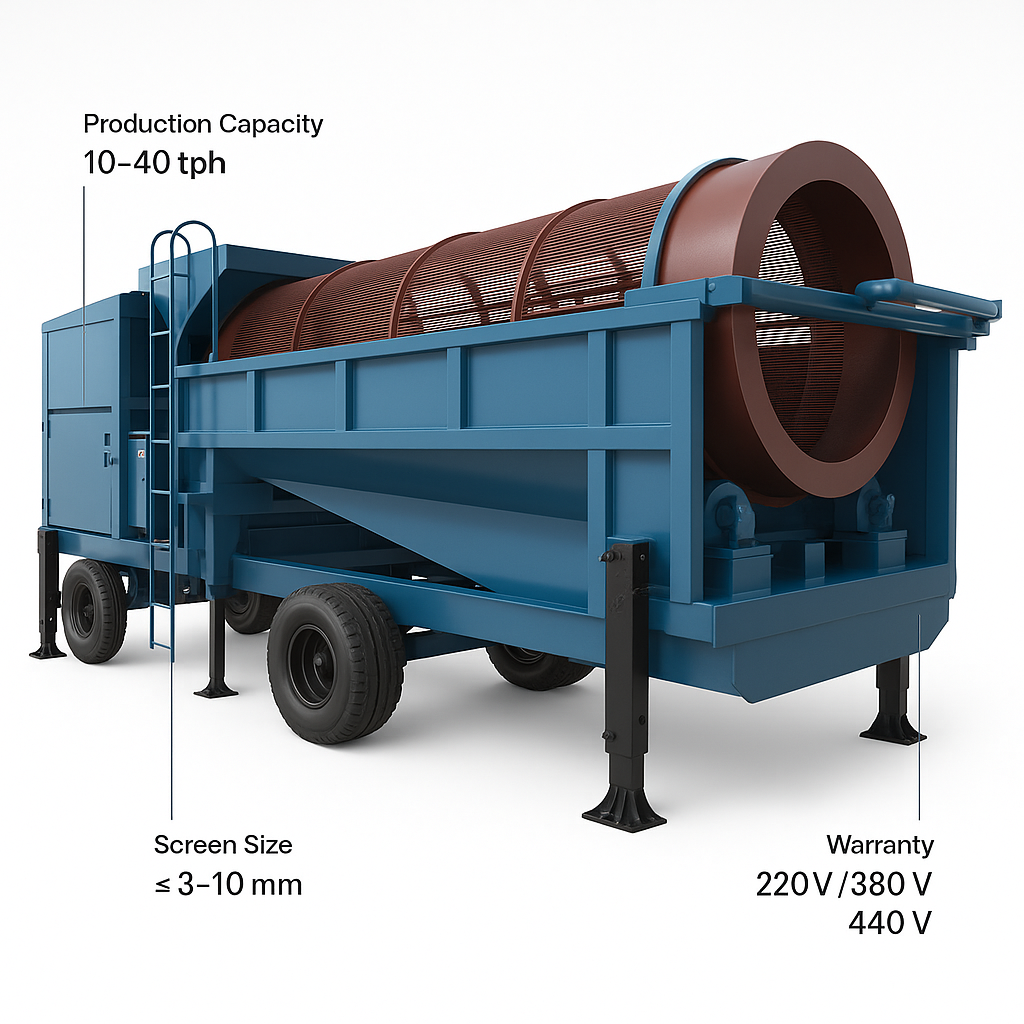 Mobile River Gold Wash Machine for Alluvial Gold Recovery — labelled 3D render