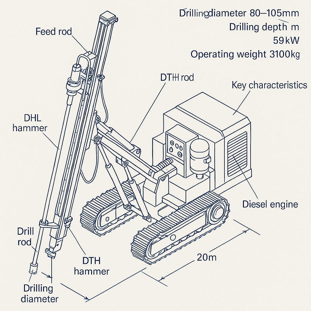 Crawler-Mounted DTH Drilling Rig — labelled 3D blueprint