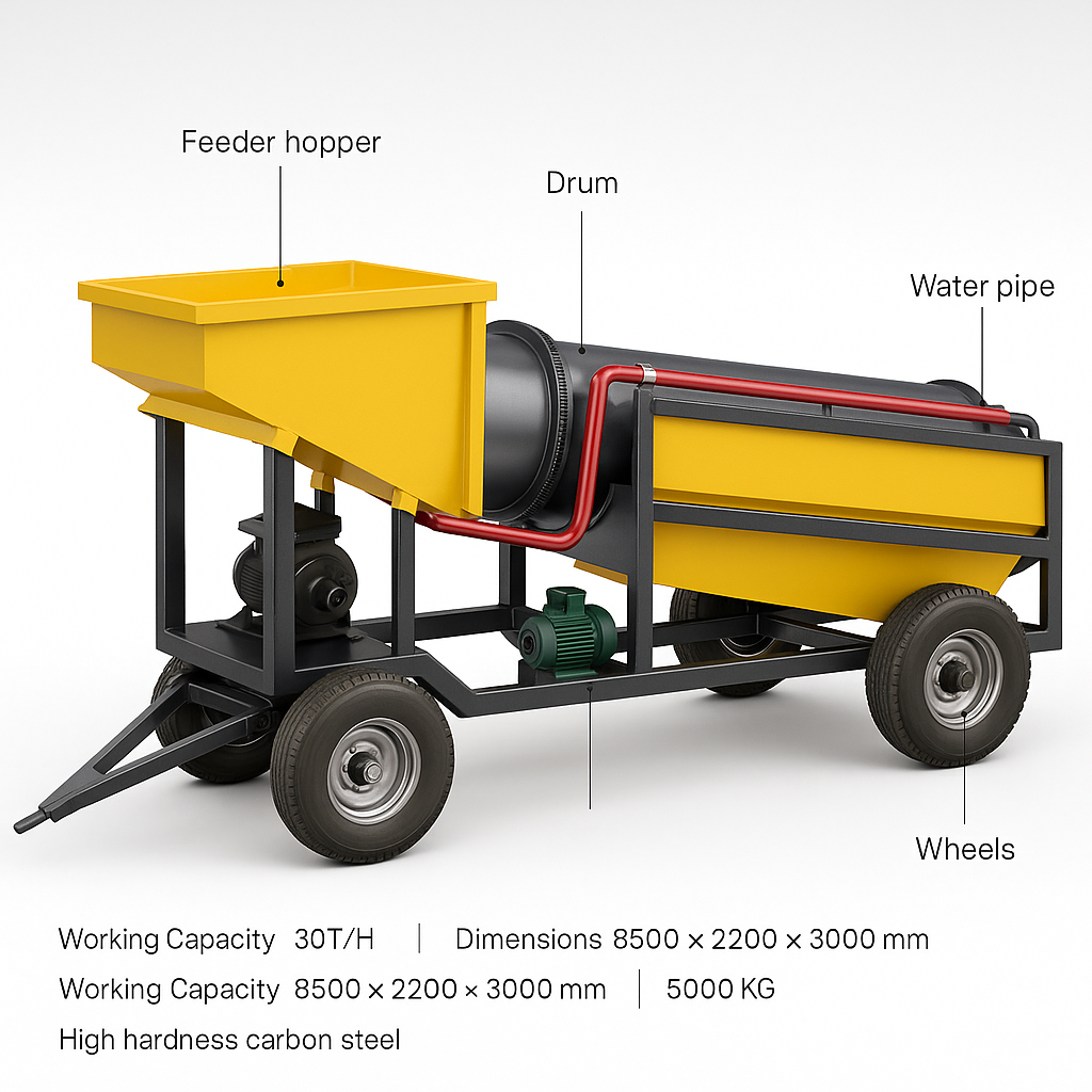 Portable Gold Washing Sluice Box Equipment 30T/H — labelled 3D render