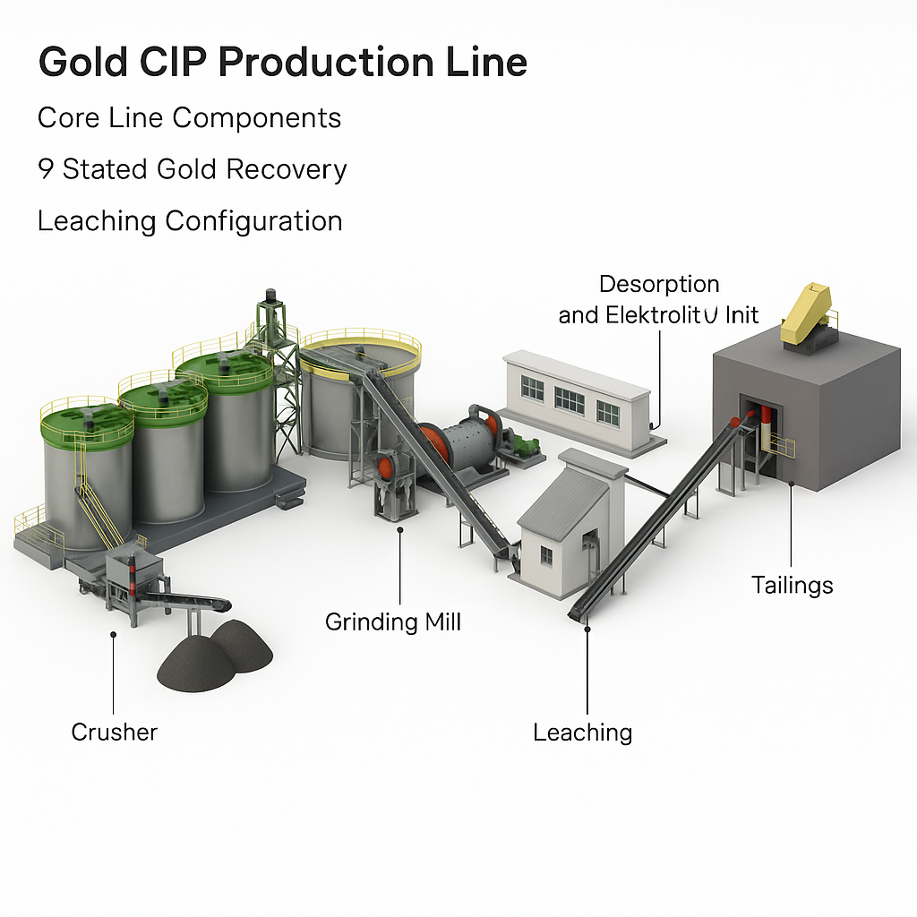 Gold CIP Production Line — labelled 3D render