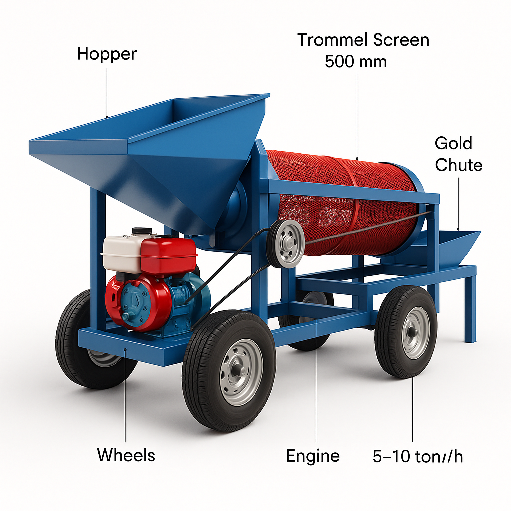 Portable Gold Wash Trommel — labelled 3D render