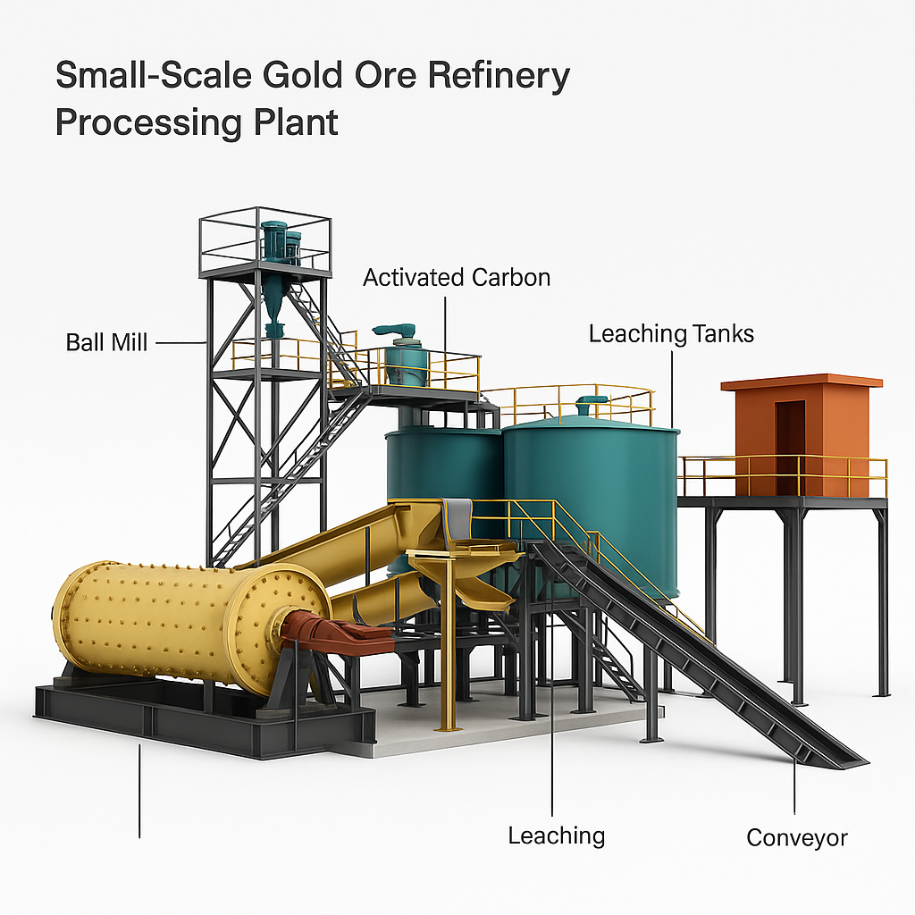 Small Scale Gold Ore Refinery Processing Plant — labelled 3D render