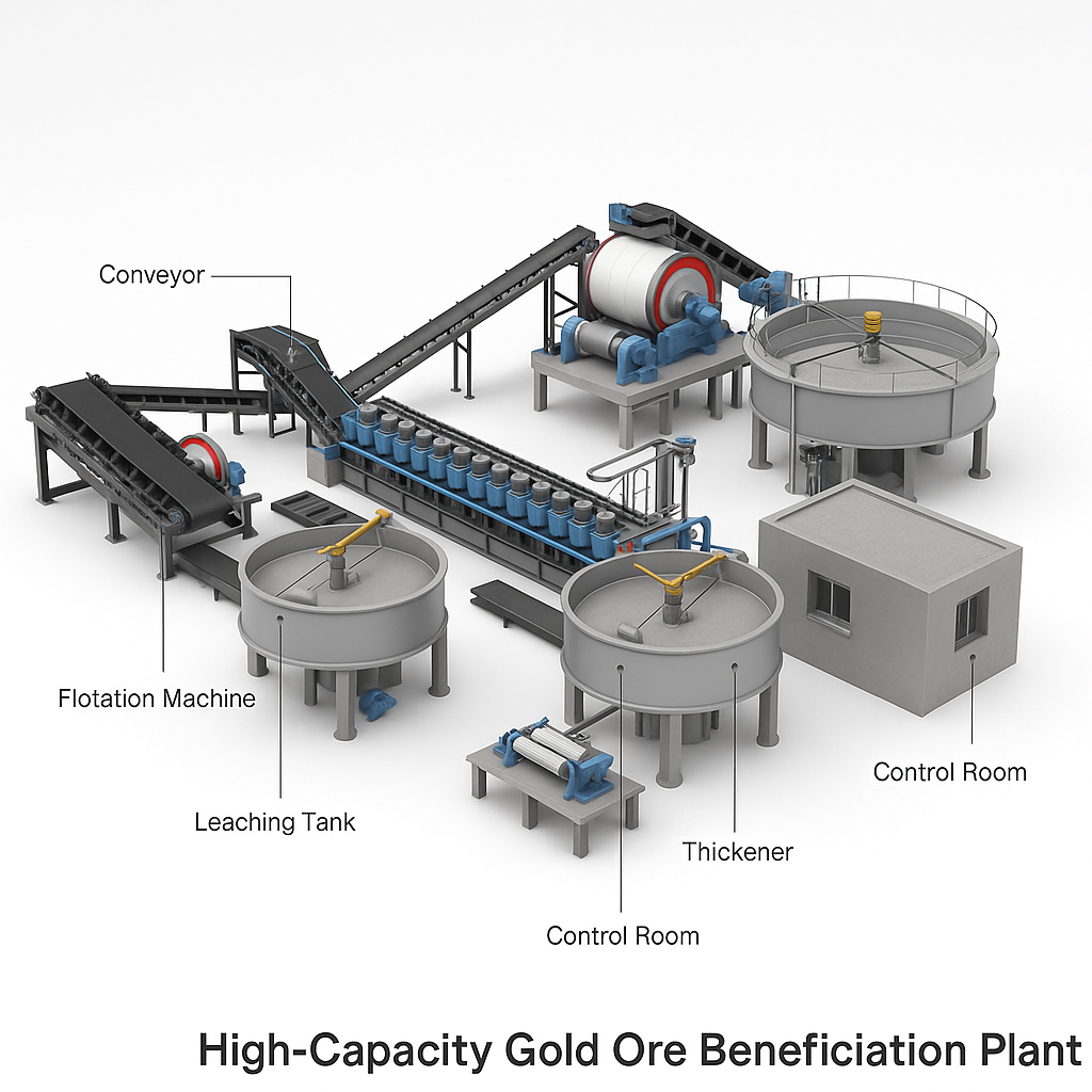 High Capacity Gold Ore Beneficiation Plant — labelled 3D render