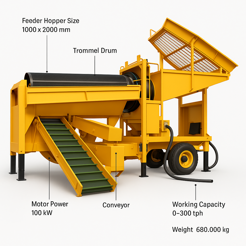 High Recovery Mobile Trommel Processing Plant for Alluvial Gold and Gems — labelled 3D render