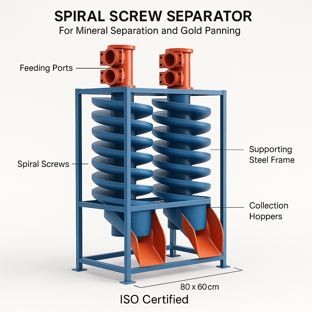 Spiral Screw Separator for Mineral Separation and Gold Panning — labelled 3D render
