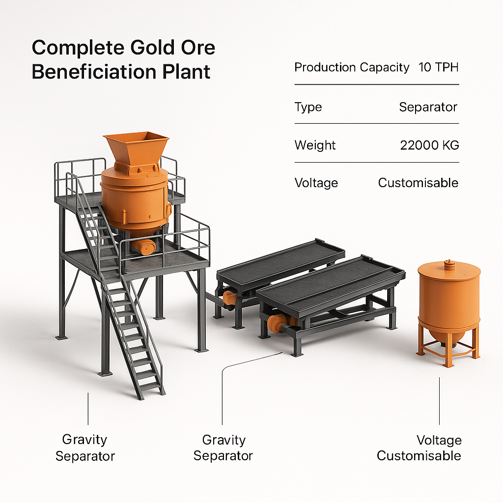Complete Gold Ore Beneficiation Plant 10 TPH — labelled 3D render