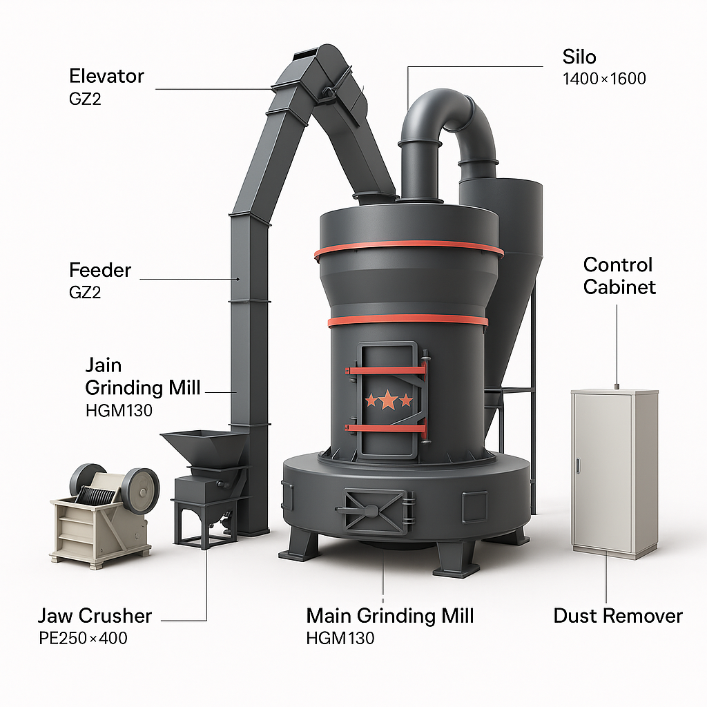 HGM Grinding Mill with Roller Assembly and Hanging Cage Separator — labelled 3D render