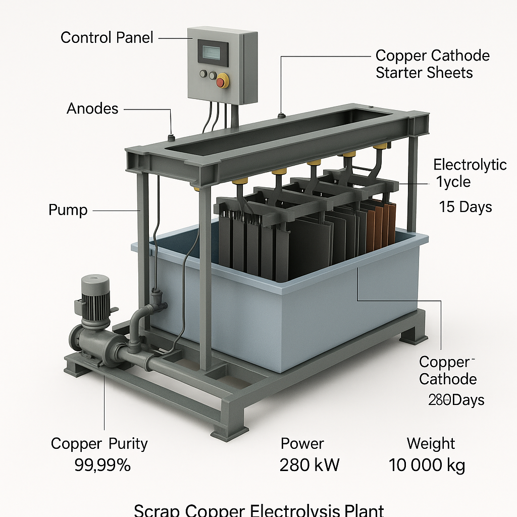Scrap Copper Electrolysis Plant for Copper Cathode Production — labelled 3D render
