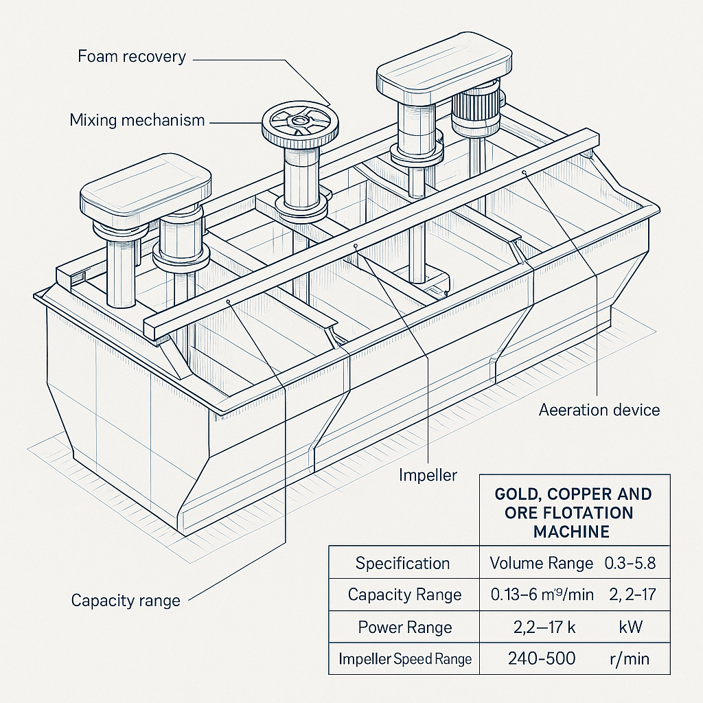 Gold, Copper and Ore Flotation Machine — labelled 3D blueprint