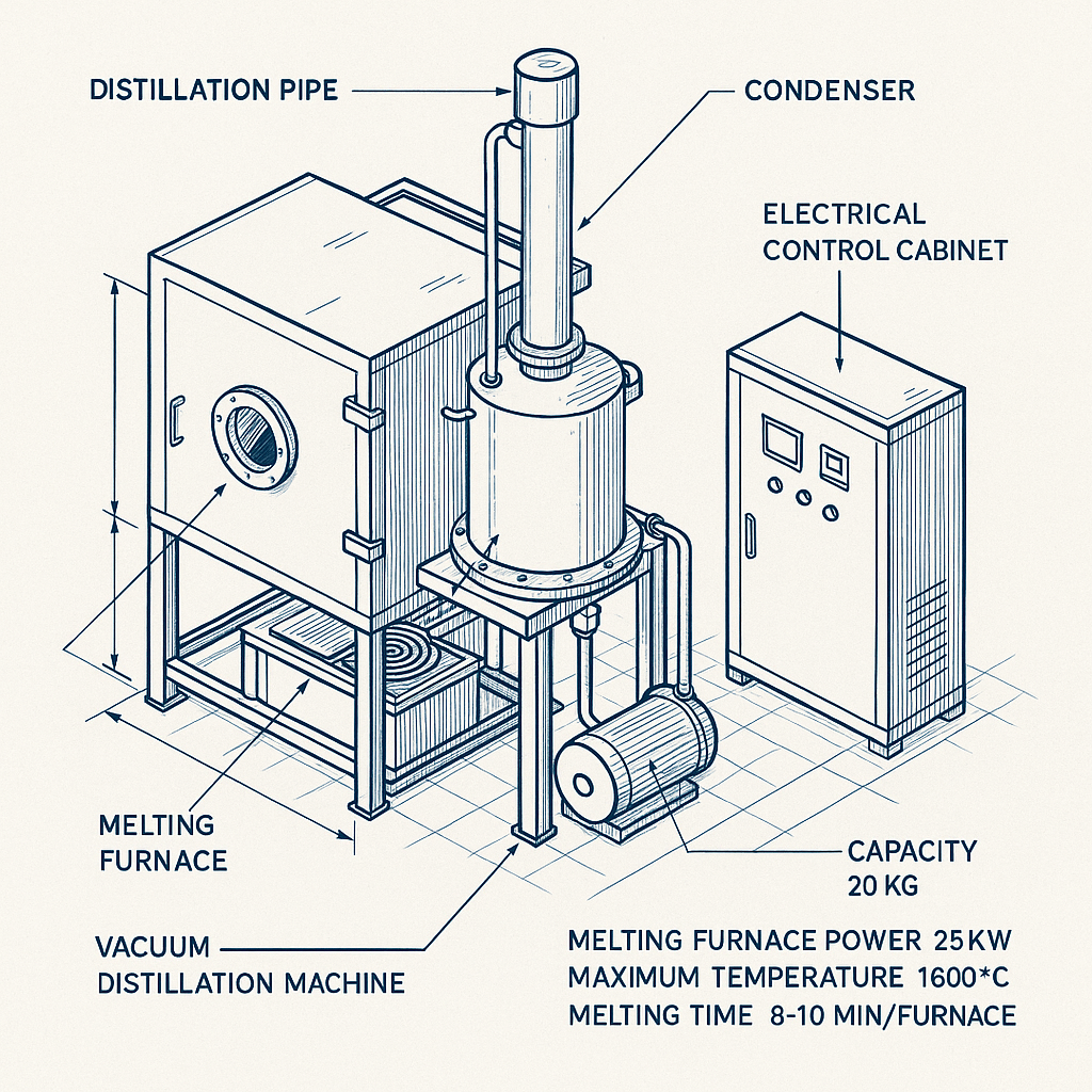 Precious Metal Refining and Purification Vacuum Distillation Machine — labelled 3D blueprint