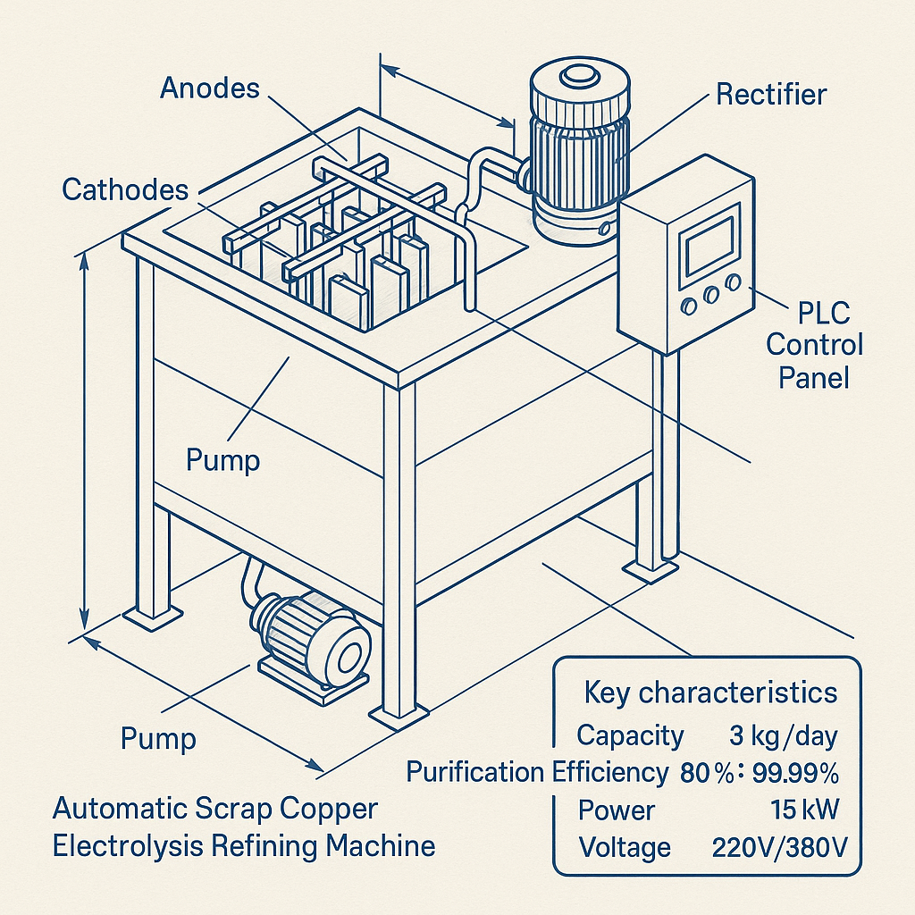 Automatic Scrap Copper Electrolysis Refining Machine — labelled 3D blueprint
