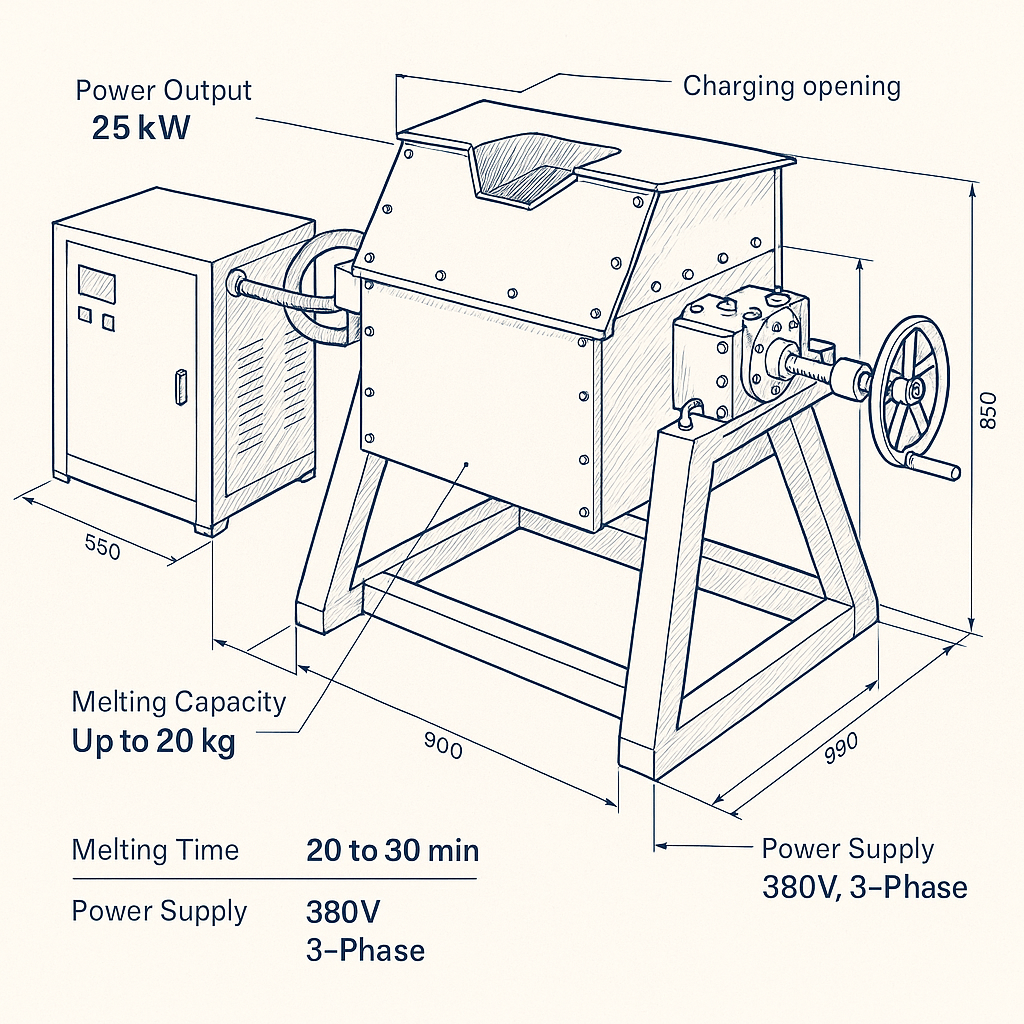 25kW Induction Melting Furnace — labelled 3D blueprint