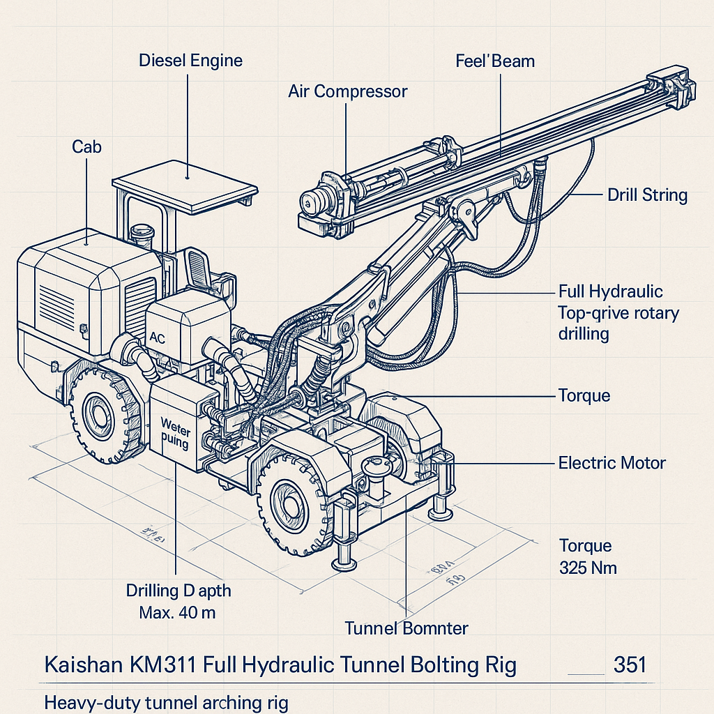 Kaishan KM311 Full Hydraulic Tunnel Bolting Rig — labelled 3D blueprint