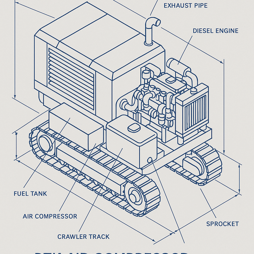 DTH Air Compressor Diesel Engine Crawler — labelled 3D blueprint