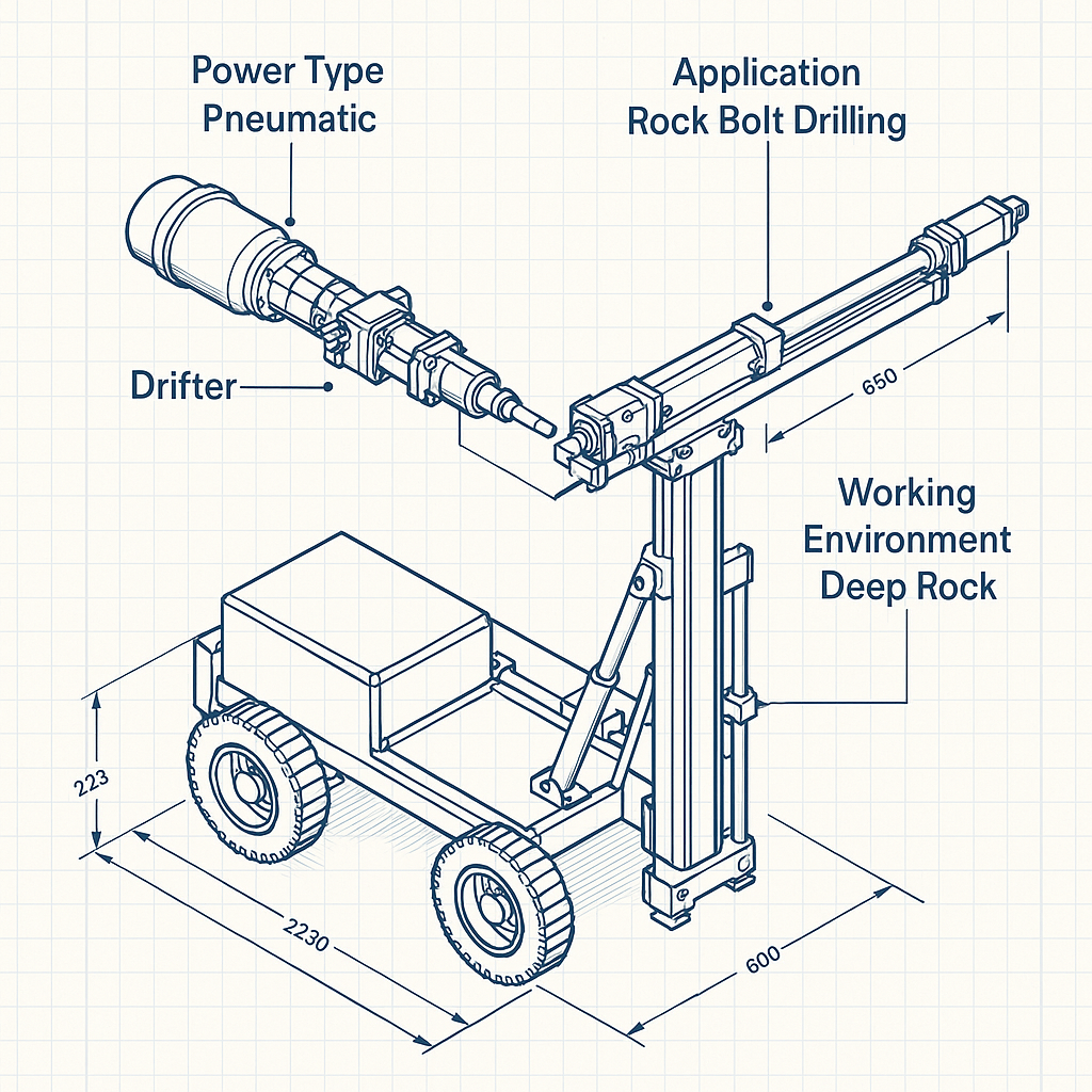 Pneumatic Drill Rig for Deep Rock Bolt Drilling — labelled 3D blueprint