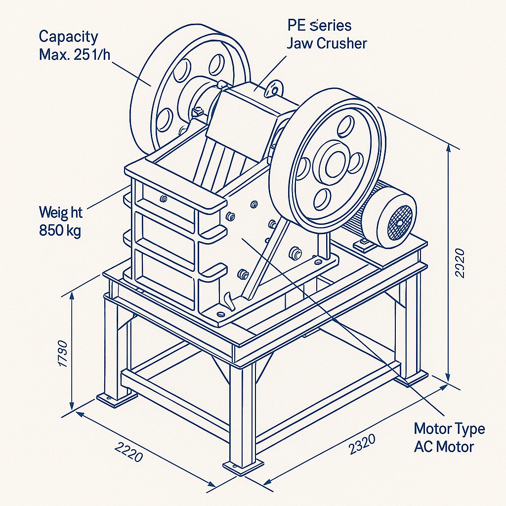 PE Series Jaw Crushers and Supports — labelled 3D blueprint