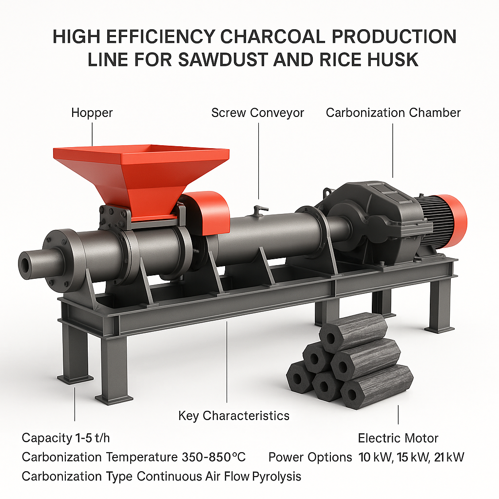 High Efficiency Charcoal Production Line for Sawdust and Rice Husk — labelled 3D render
