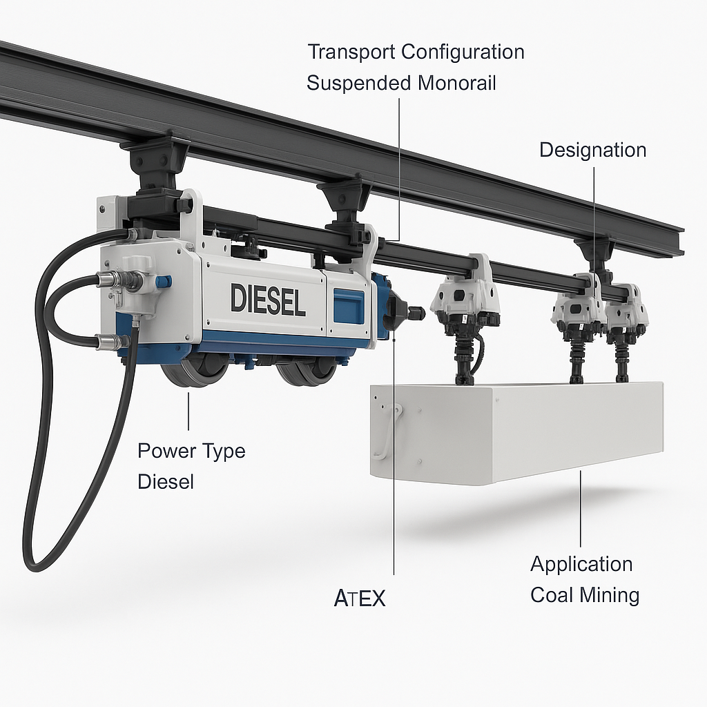 ATEX Diesel Suspended Monorail Locomotive for Coal Mining Transport — labelled 3D render