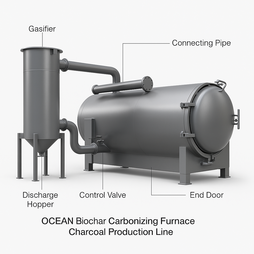 OCEAN Biochar Carbonizing Furnace Charcoal Production Line — labelled 3D render