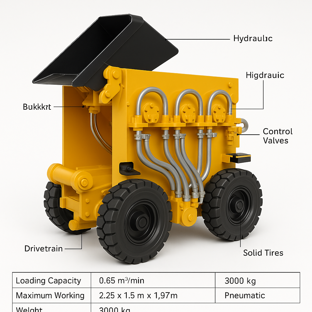 Pneumatic Rock Loader with Solid Tyres — labelled 3D render