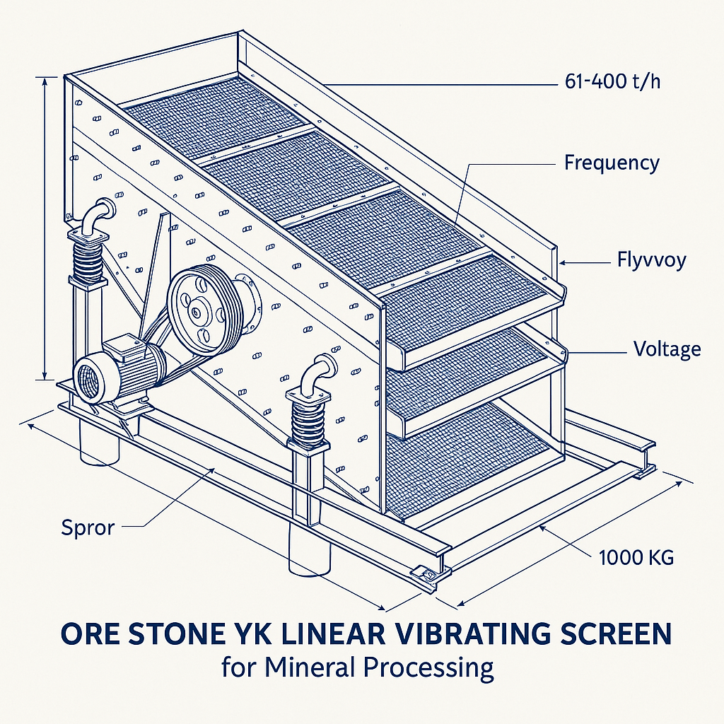 Ore Stone YK Linear Vibrating Screen for Mineral Processing — labelled 3D blueprint
