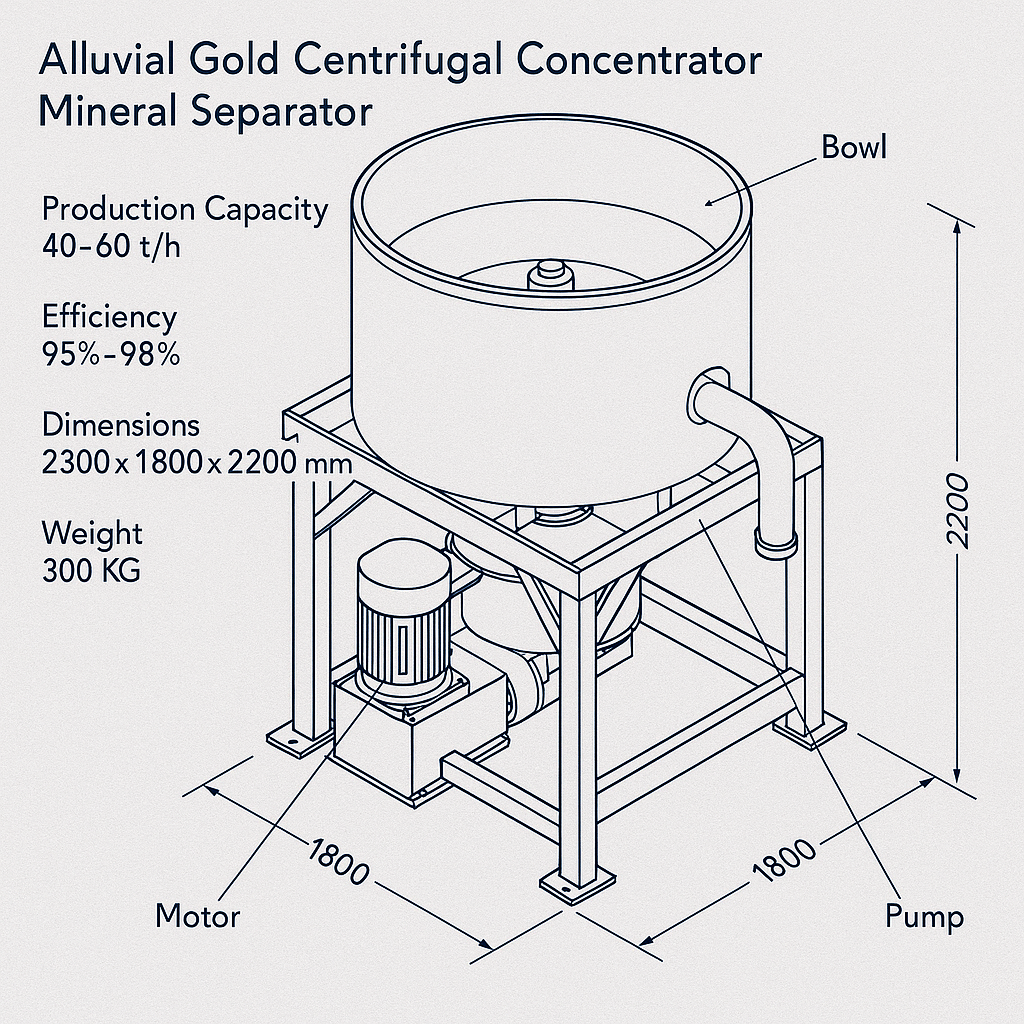 Alluvial Gold Centrifugal Concentrator Mineral Separator — labelled 3D blueprint