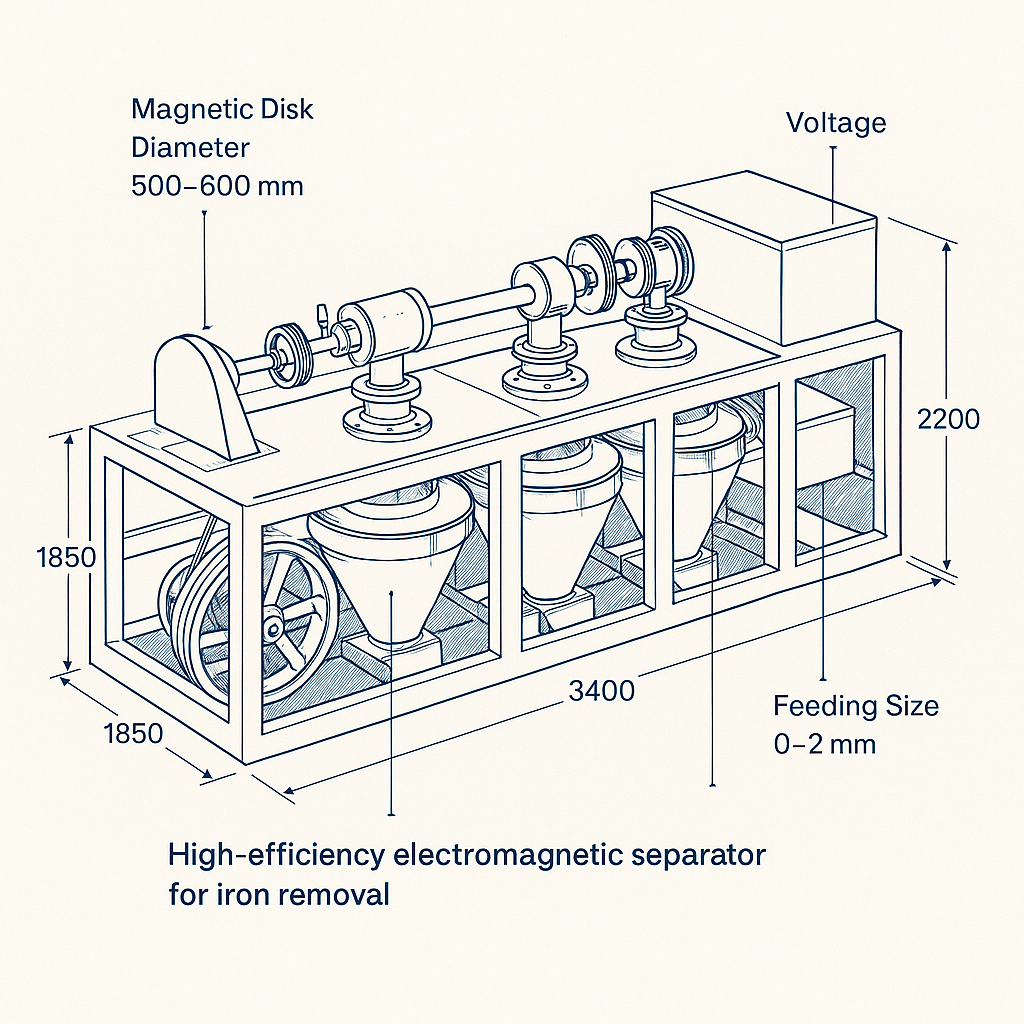 High-Efficiency Electromagnetic Separator for Iron Removal — labelled 3D blueprint