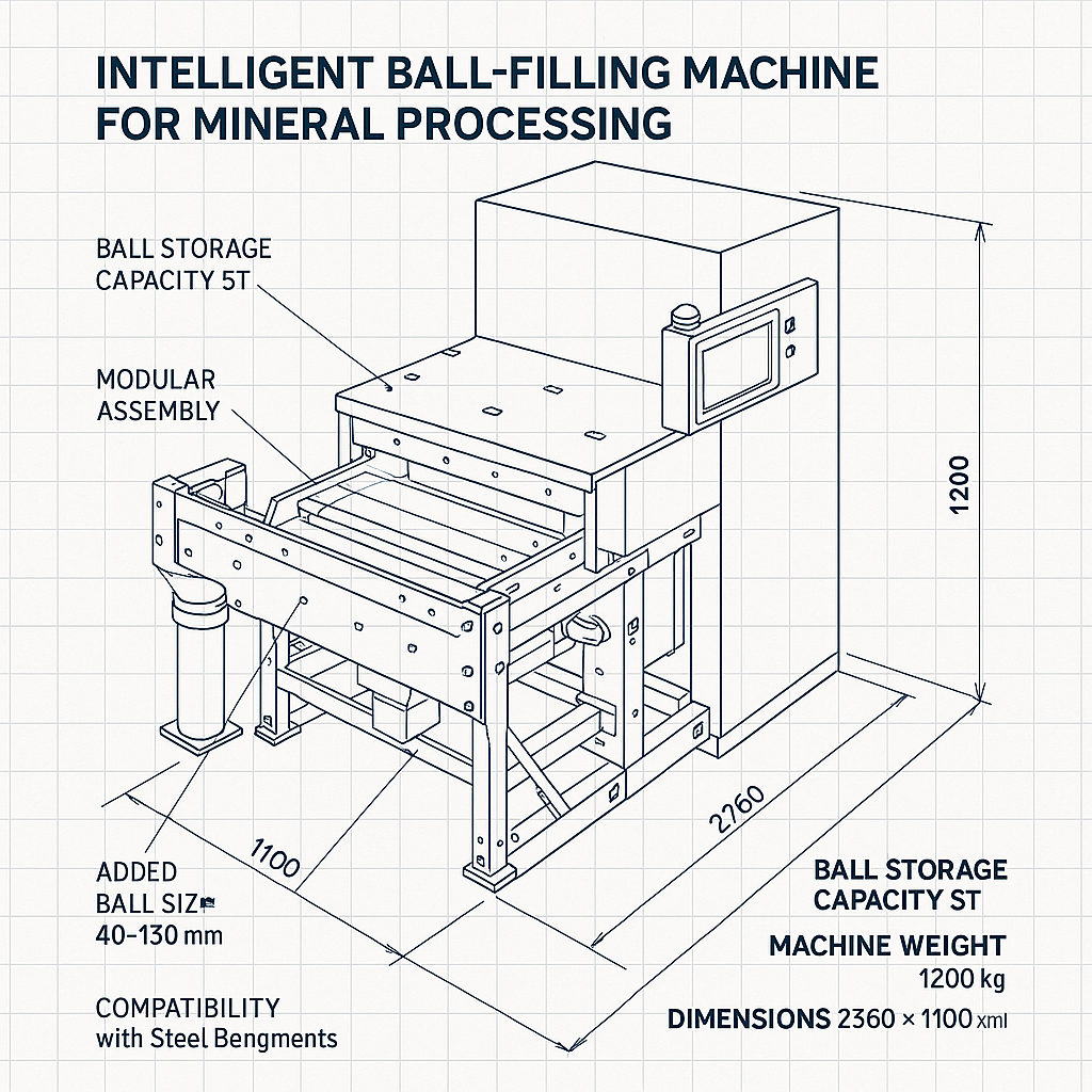 Intelligent Ball-Filling Machine for Mineral Processing — labelled 3D blueprint