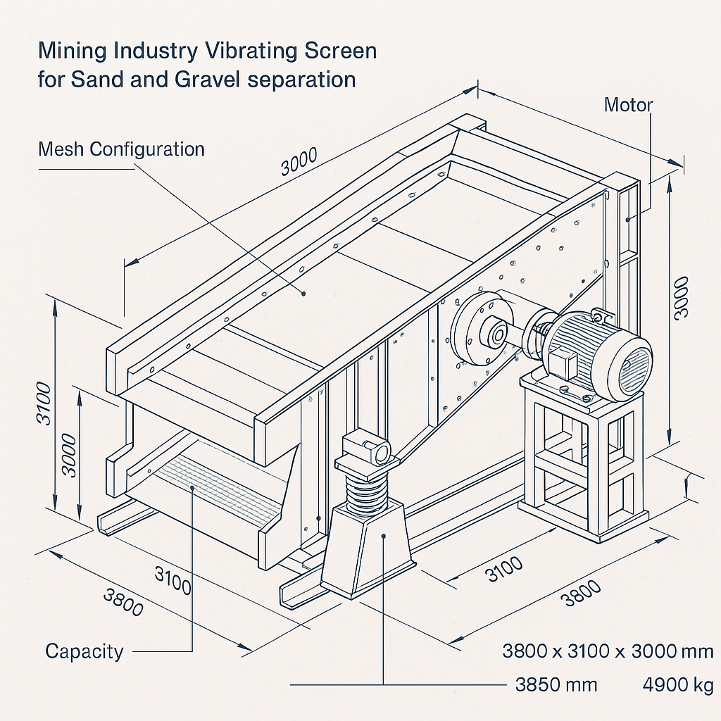 Mining Industry Vibrating Screen for Sand and Gravel Separation — labelled 3D blueprint