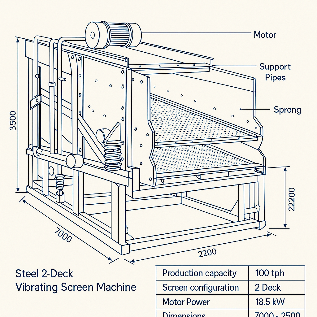 Steel High Frequency 2 Deck Vibrating Screen Machine — labelled 3D blueprint