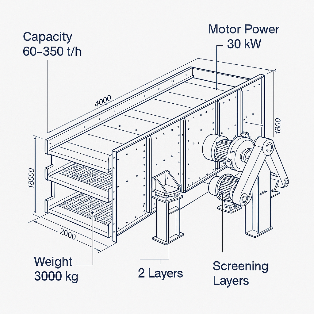 Aggregate Vibrating Screen Machine for Stone Crusher Plants — labelled 3D blueprint