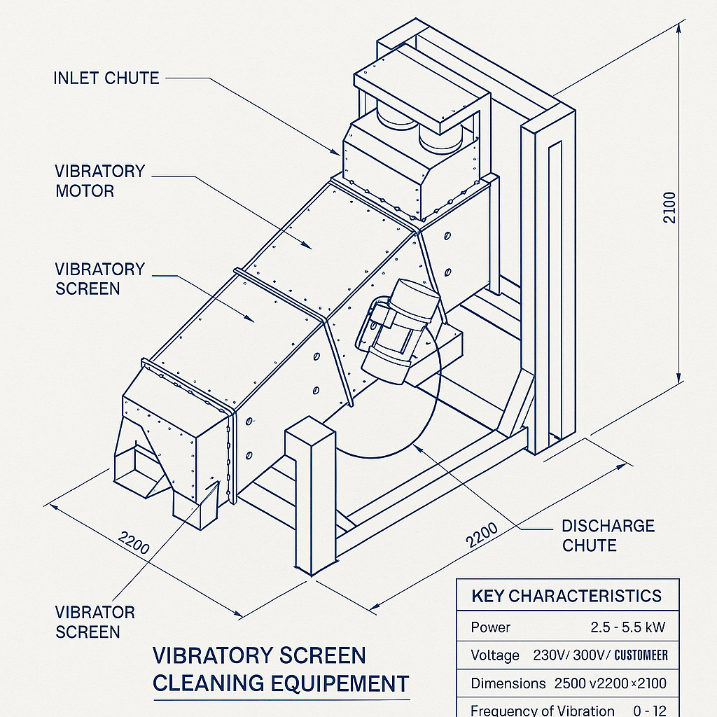 Vibratory Screen Cleaning Equipment — labelled 3D blueprint