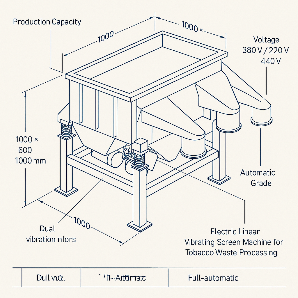 Electric Linear Vibrating Screen Machine for Tobacco Waste Processing — labelled 3D blueprint