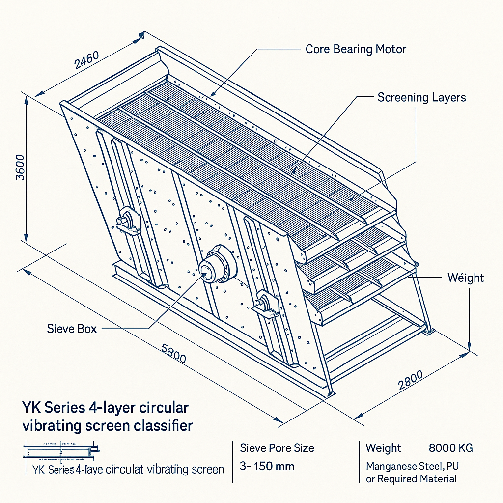 YK Series 4-Layer Circular Vibrating Screen Classifier — labelled 3D blueprint