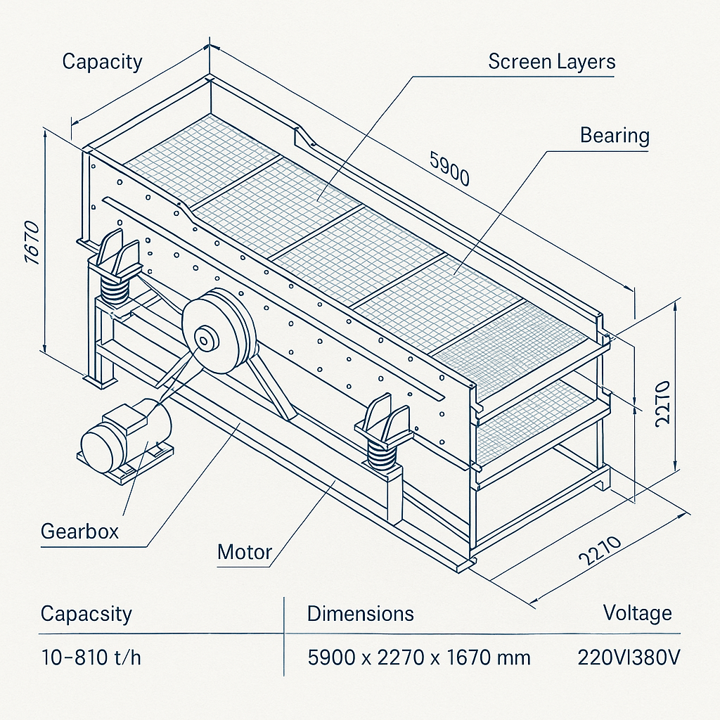 Linear Vibrating Screen Machine for Ore, Aggregate and Silica Sand — labelled 3D blueprint