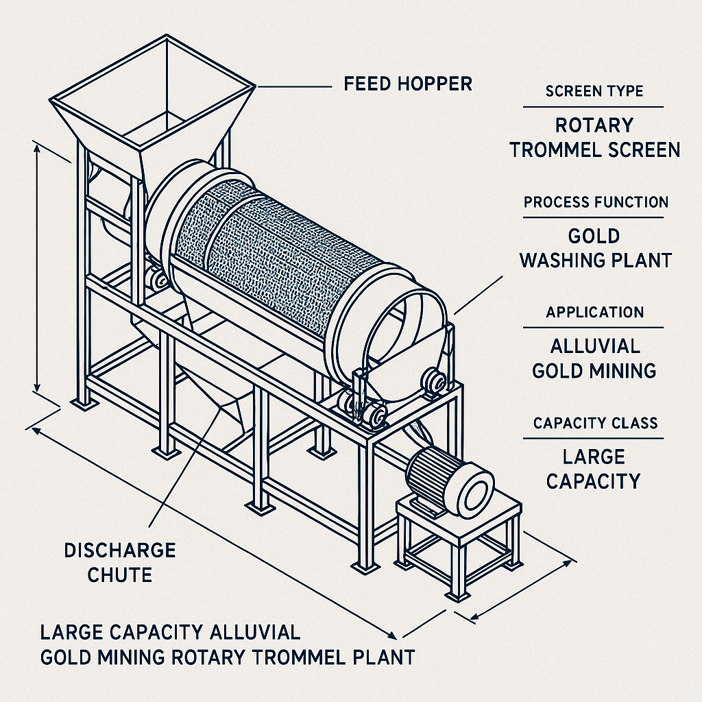 Large Capacity Alluvial Gold Mining Rotary Trommel Screen Gold Washing Plant — labelled 3D blueprint