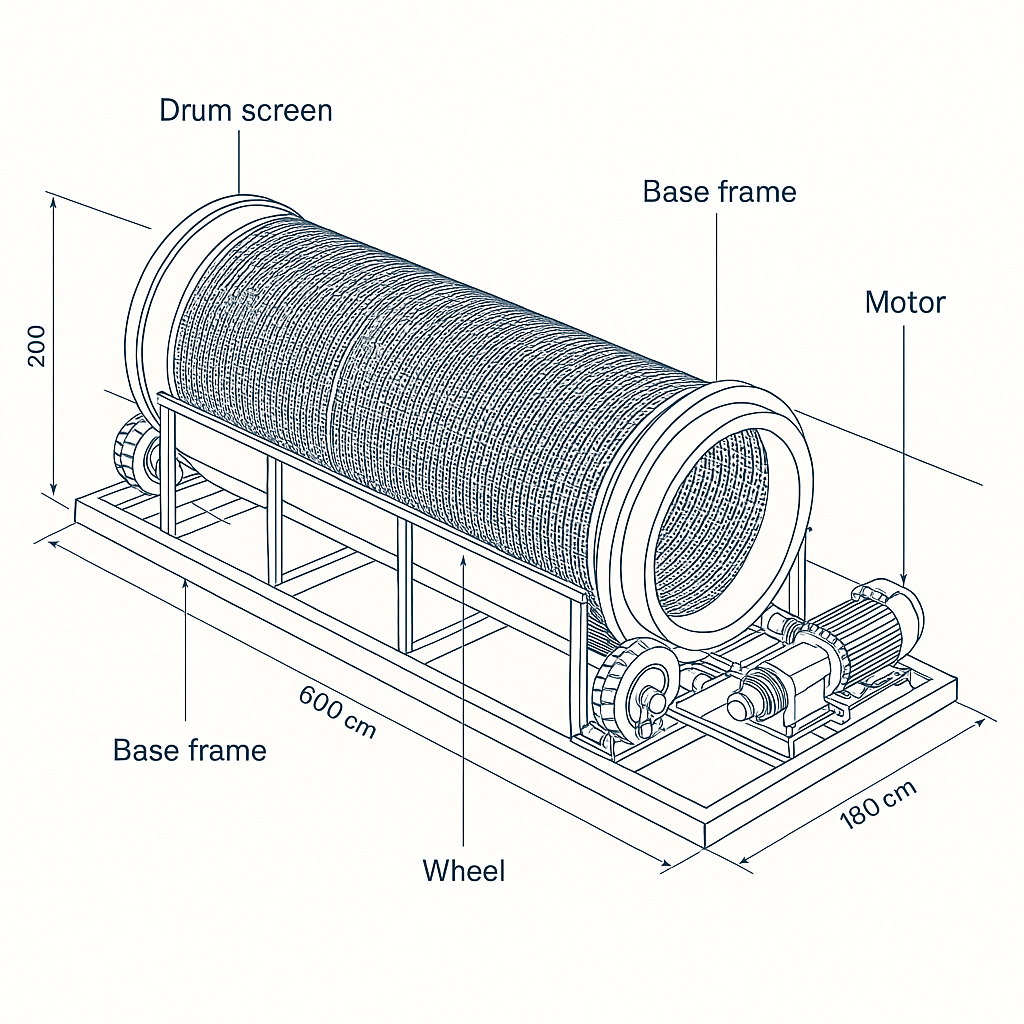Large Stone Drum Screen Rotary Trommel Screener — labelled 3D blueprint