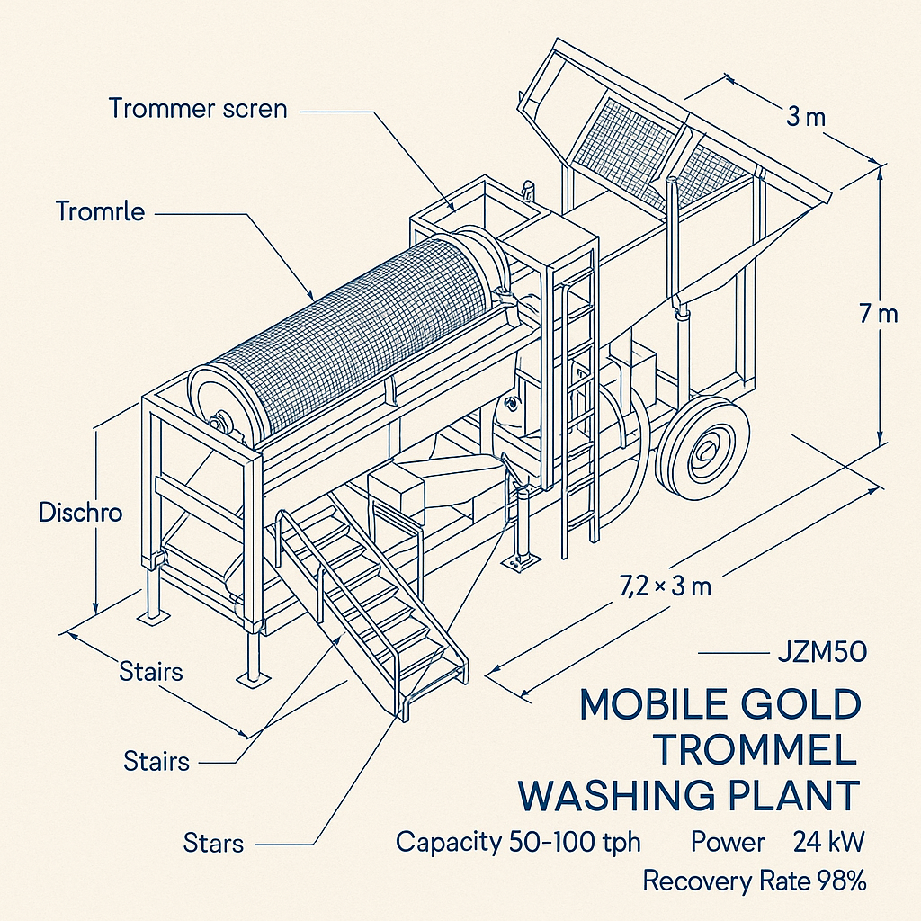 Mobile Gold Trommel Washing Plant — labelled 3D blueprint