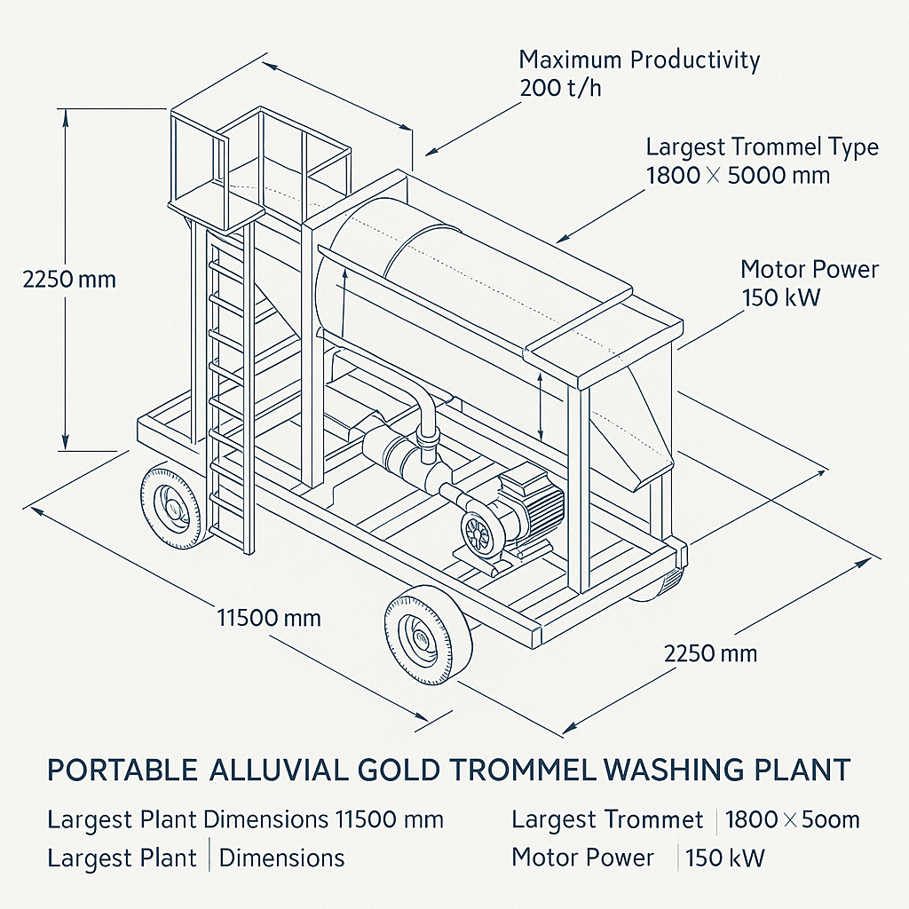 Portable Alluvial Gold Trommel Washing Plant — labelled 3D blueprint