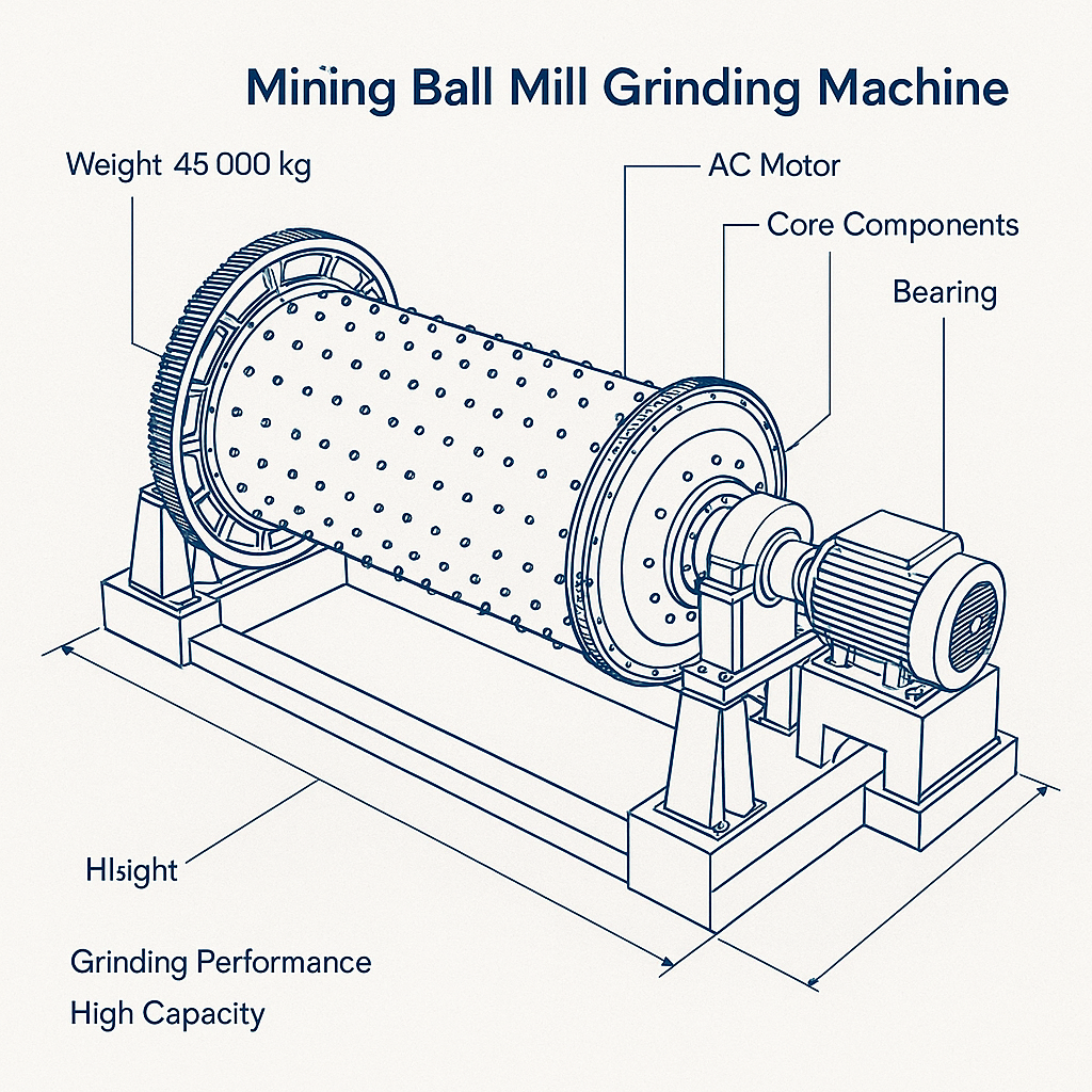 Mining Ball Mill Grinding Machine — labelled 3D blueprint